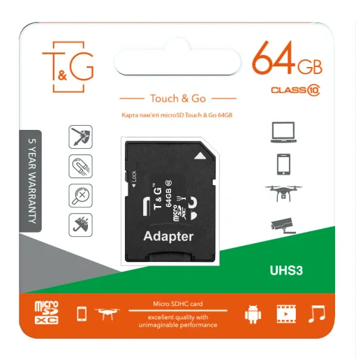 Карта памяти MicroSDXC 64GB UHS-I U3 Class 10 T&G + SD-adapter (TG-64GBSDU3CL10-01)